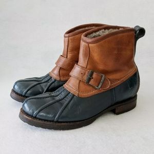 Frye Veronica Duck Engineer Brown Blue Shearling Lined Winter Boots Womens Sz 8